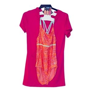NWT Girls size L 12 14 Bathing suit set with cover-up one piece pink and orange